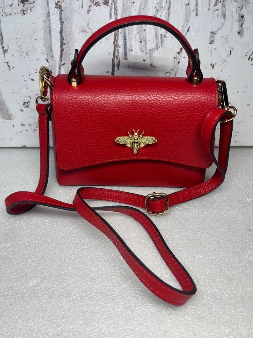 Italian Leather Clutch Crossbody Top Handle Red Bag Bee Closure